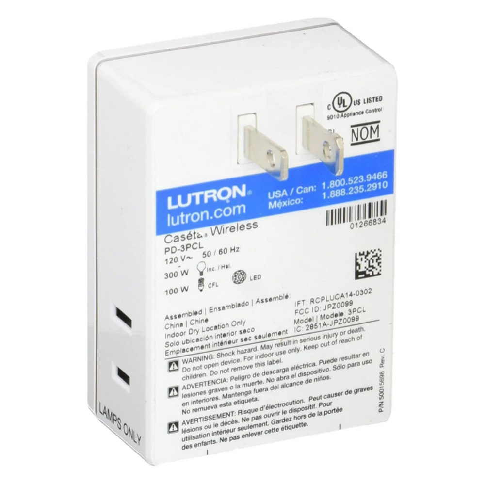 Lutron Caseta Smart Plug-In Lamp Dimmer for Table and Floor Lamps, Control up to 2 Lamps, 100W LED Bulbs, PD-3PCL-WH-C, White, Back-View - Union Lighting and Décor
