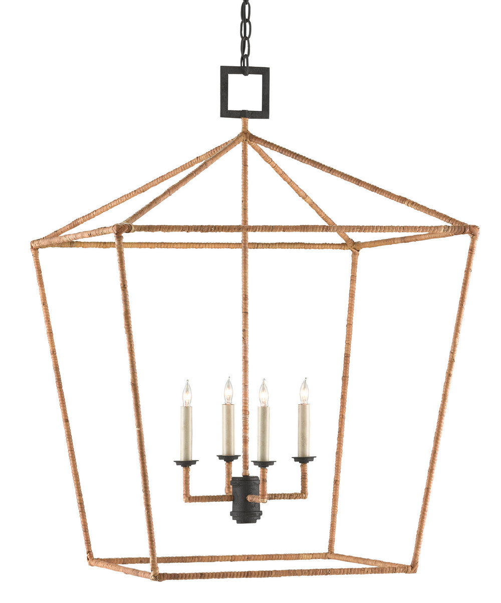Currey and Company - Four Light Lantern - Denison Collection - Molé Black/Natural Rattan- Union Lighting Luminaires Decor