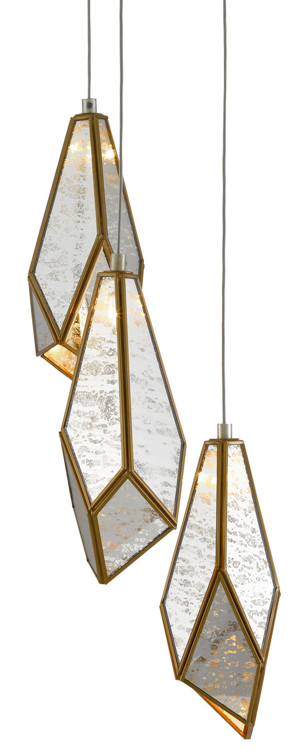 Currey and Company - Three Light Pendant - Glace Collection - Raj Mirror/Antique Brass- Union Lighting Luminaires Decor