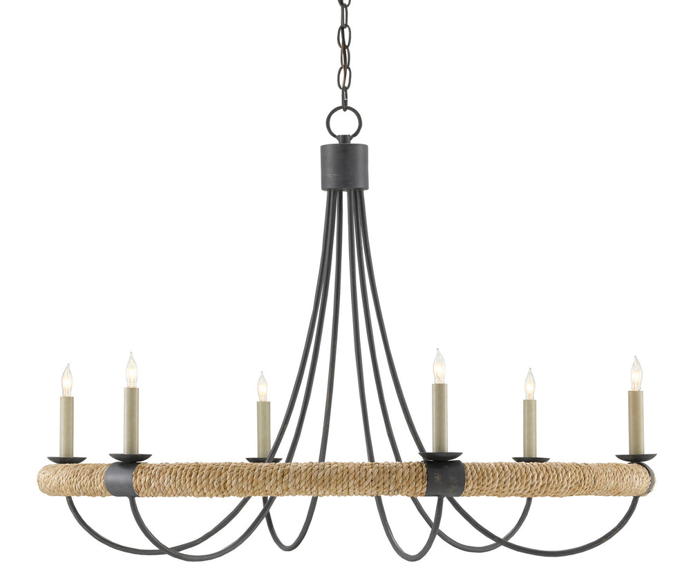 Currey and Company - Six Light Chandelier - Shipwright Chandelier - French Black/Smokewood/Natural Abaca Rope- Union Lighting Luminaires Decor