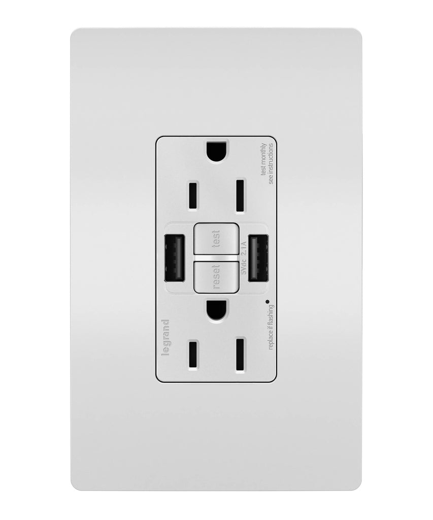Legrand Canada - Tamper-Resistant 15A Duplex Self-Test GFCI Receptacles with SafeLock Protection, USB Type A/A - White- Union Lighting Luminaires Decor
