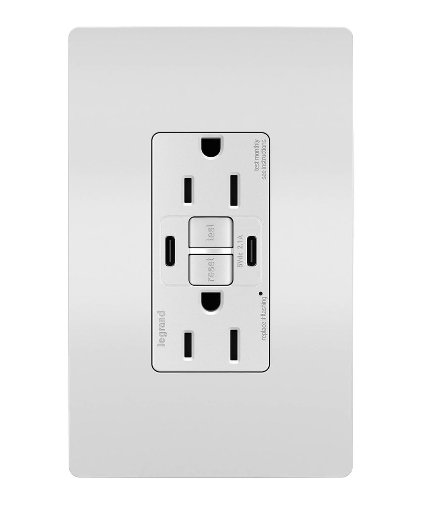 Legrand Canada - Tamper-Resistant 15A Duplex Self-Test GFCI Receptacles with SafeLock Protection, USB Type C/C - White- Union Lighting Luminaires Decor