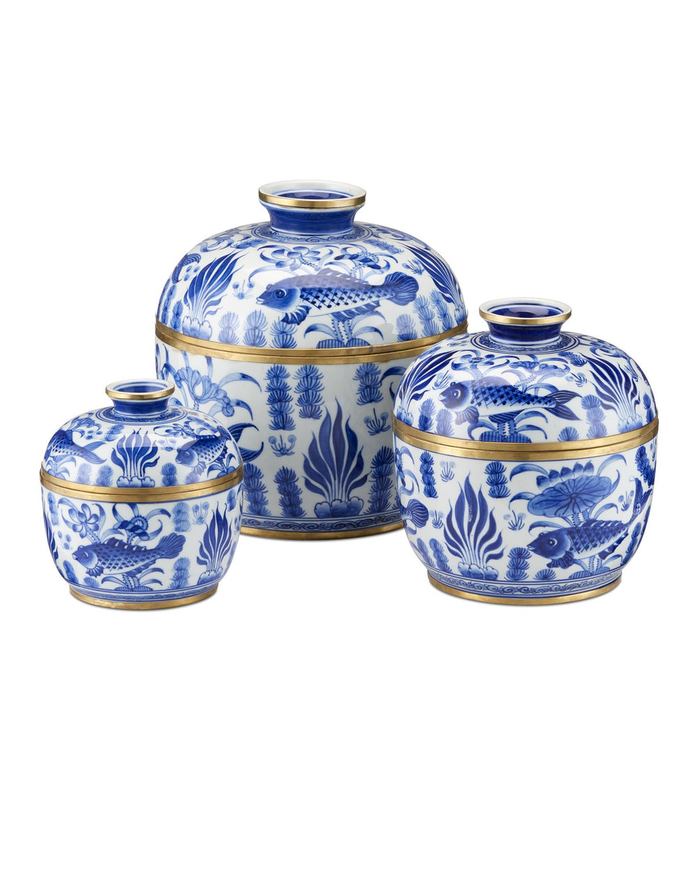Currey and Company - Rice Tureen Set of 3 - Blue & White Rice Tureen Set of 3 - White/Blue/Brass- Union Lighting Luminaires Decor