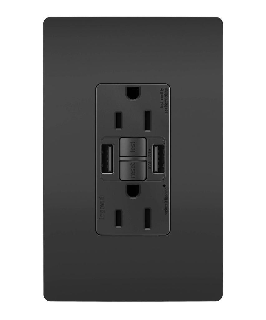Legrand Canada - Tamper-Resistant 15A Duplex Self-Test GFCI Receptacles with SafeLock Protection, USB Type A/A - Black- Union Lighting Luminaires Decor