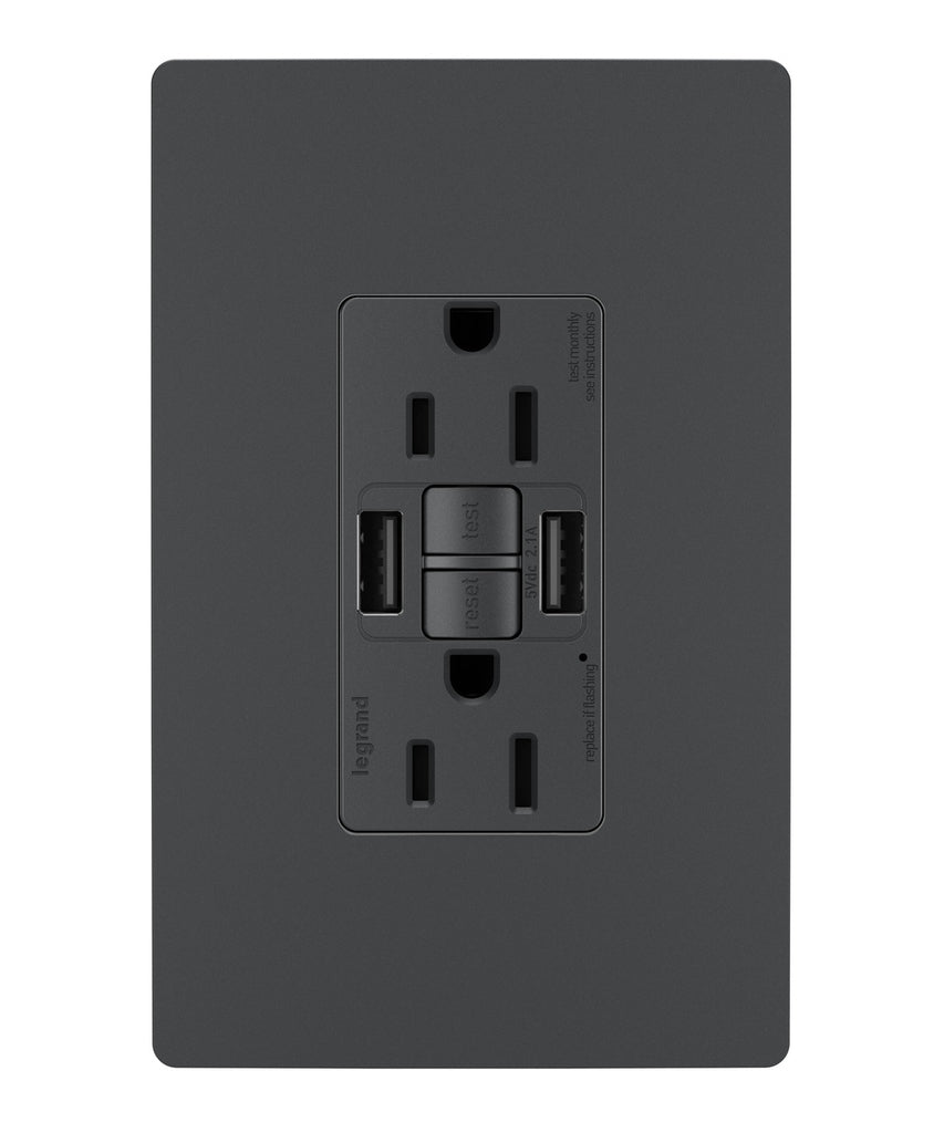 Legrand Canada - Tamper-Resistant 15A Duplex Self-Test GFCI Receptacles with SafeLock Protection, USB Type A/A C4 - Graphite- Union Lighting Luminaires Decor