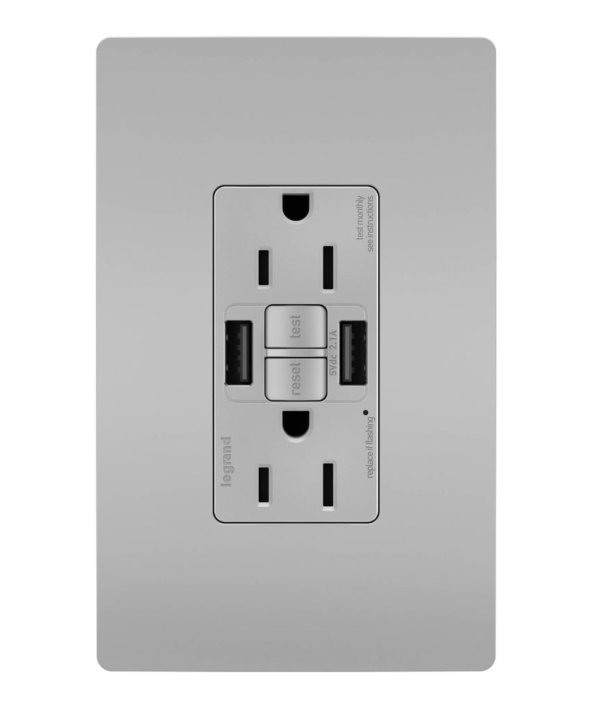 Legrand Canada - Tamper-Resistant 15A Duplex Self-Test GFCI Receptacles with SafeLock Protection, USB Type A/A - Grey- Union Lighting Luminaires Decor