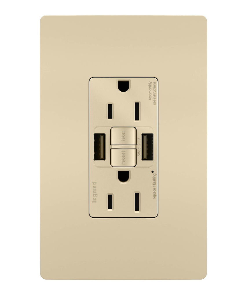 Legrand Canada - Tamper-Resistant 15A Duplex Self-Test GFCI Receptacles with SafeLock Protection, USB Type A/A - Ivory- Union Lighting Luminaires Decor