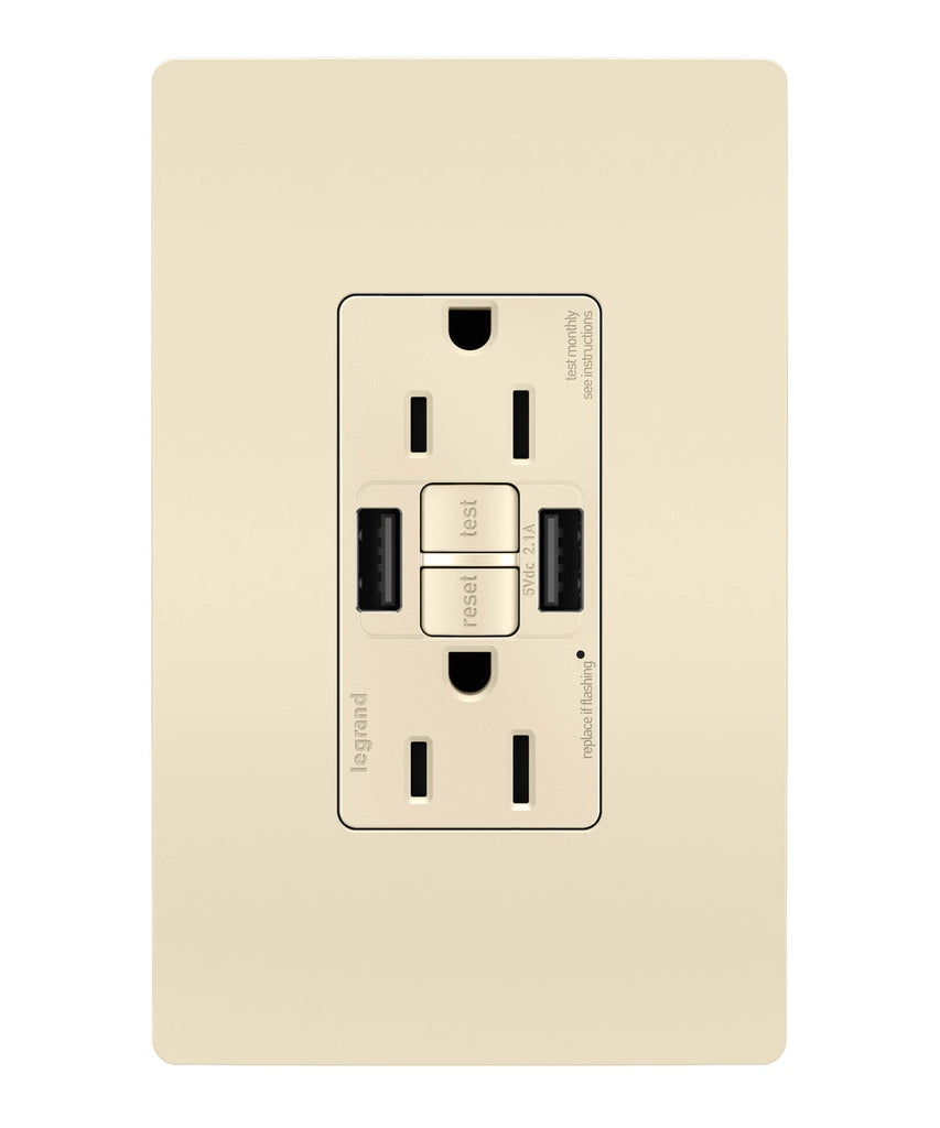 Legrand Canada - Tamper-Resistant 15A Duplex Self-Test GFCI Receptacles with SafeLock Protection, USB Type A/A - Light Almond- Union Lighting Luminaires Decor