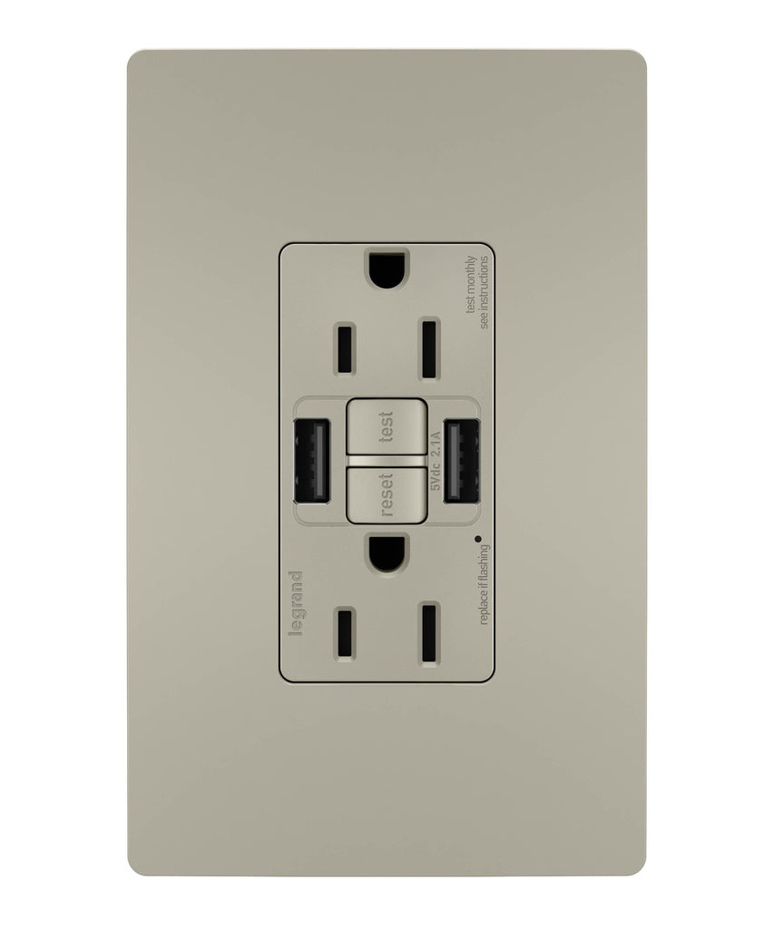 Legrand Canada - Tamper-Resistant 15A Duplex Self-Test GFCI Receptacles with SafeLock Protection, USB Type A/A C4 - Nickel- Union Lighting Luminaires Decor