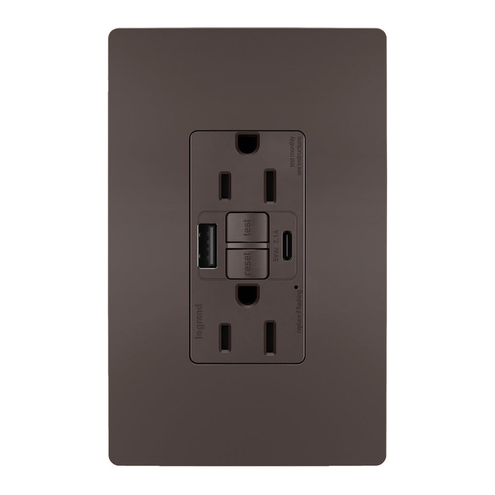 Legrand Canada - Tamper-Resistant 15A Duplex Self-Test GFCI Receptacles with SafeLock Protection, USB Type A/C - Brown- Union Lighting Luminaires Decor