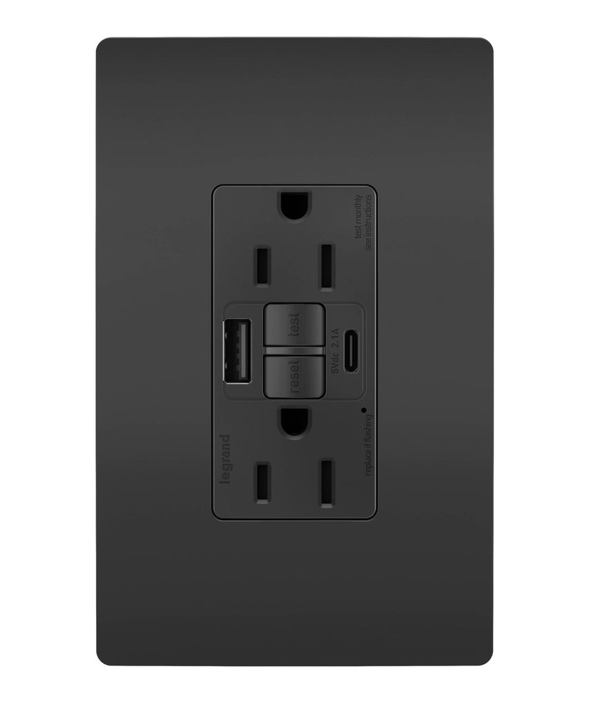 Legrand Canada - Tamper-Resistant 15A Duplex Self-Test GFCI Receptacles with SafeLock Protection, USB Type A/C - Black- Union Lighting Luminaires Decor