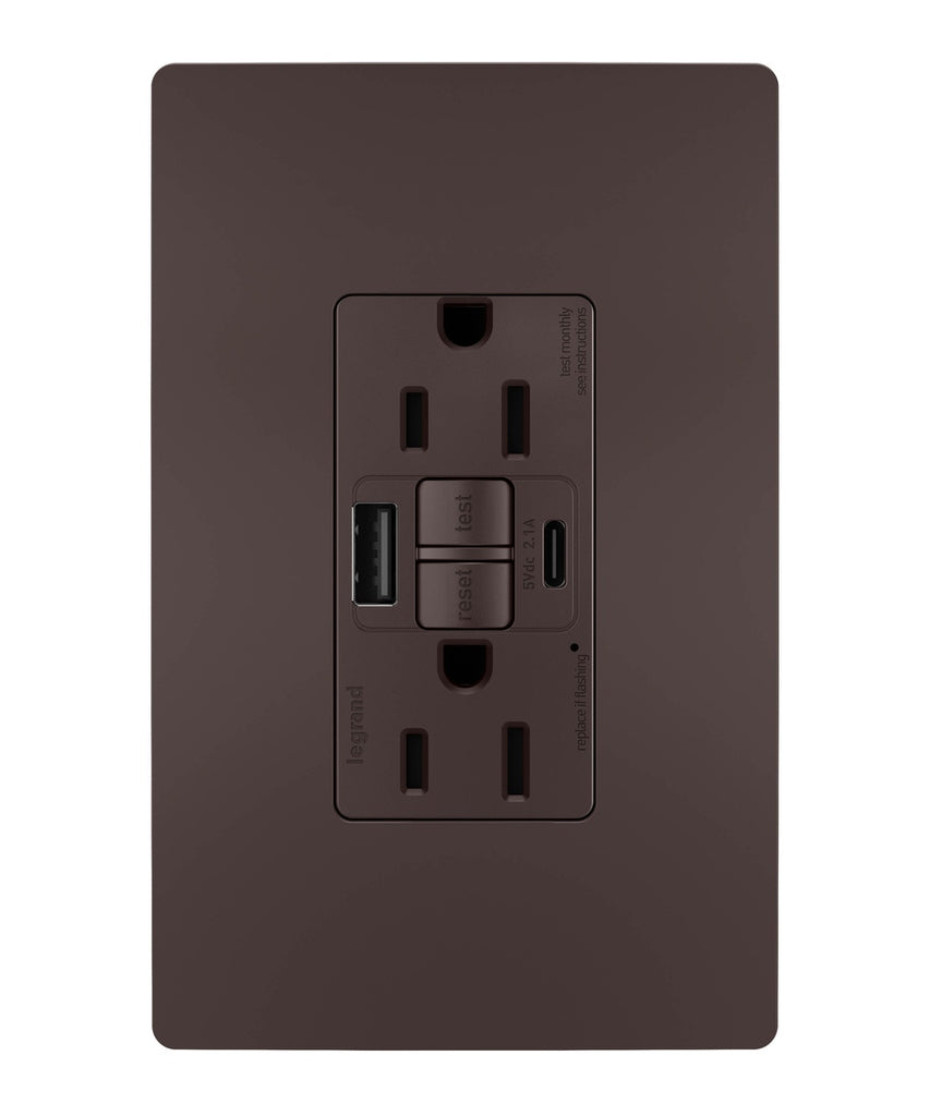 Legrand Canada - Tamper-Resistant 15A Duplex Self-Test GFCI Receptacles with SafeLock Protection, USB Type A/C - Dark Bronze- Union Lighting Luminaires Decor