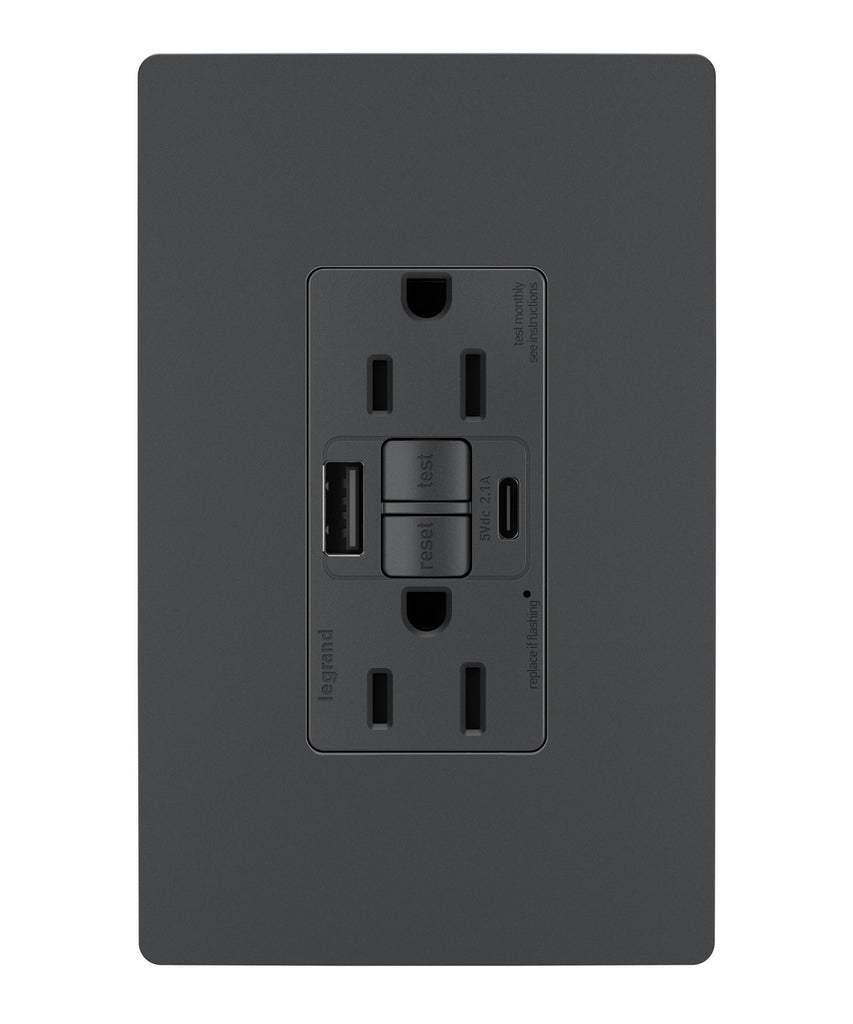 Legrand Canada - Tamper-Resistant 15A Duplex Self-Test GFCI Receptacles with SafeLock Protection, USB Type A/C C4 - Graphite- Union Lighting Luminaires Decor