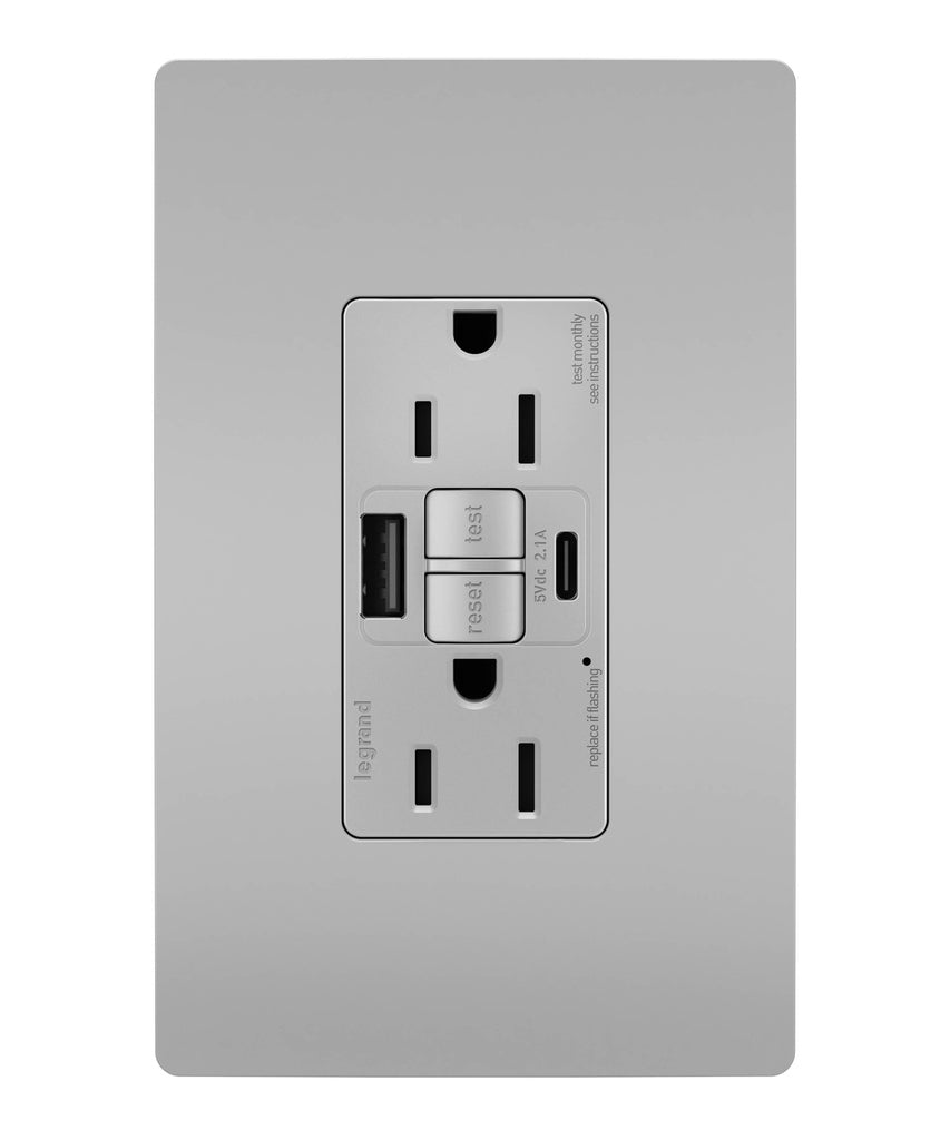 Legrand Canada - Tamper-Resistant 15A Duplex Self-Test GFCI Receptacles with SafeLock Protection, USB Type A/C - Grey- Union Lighting Luminaires Decor