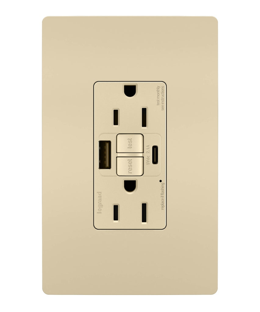 Legrand Canada - Tamper-Resistant 15A Duplex Self-Test GFCI Receptacles with SafeLock Protection, USB Type A/C - Ivory- Union Lighting Luminaires Decor