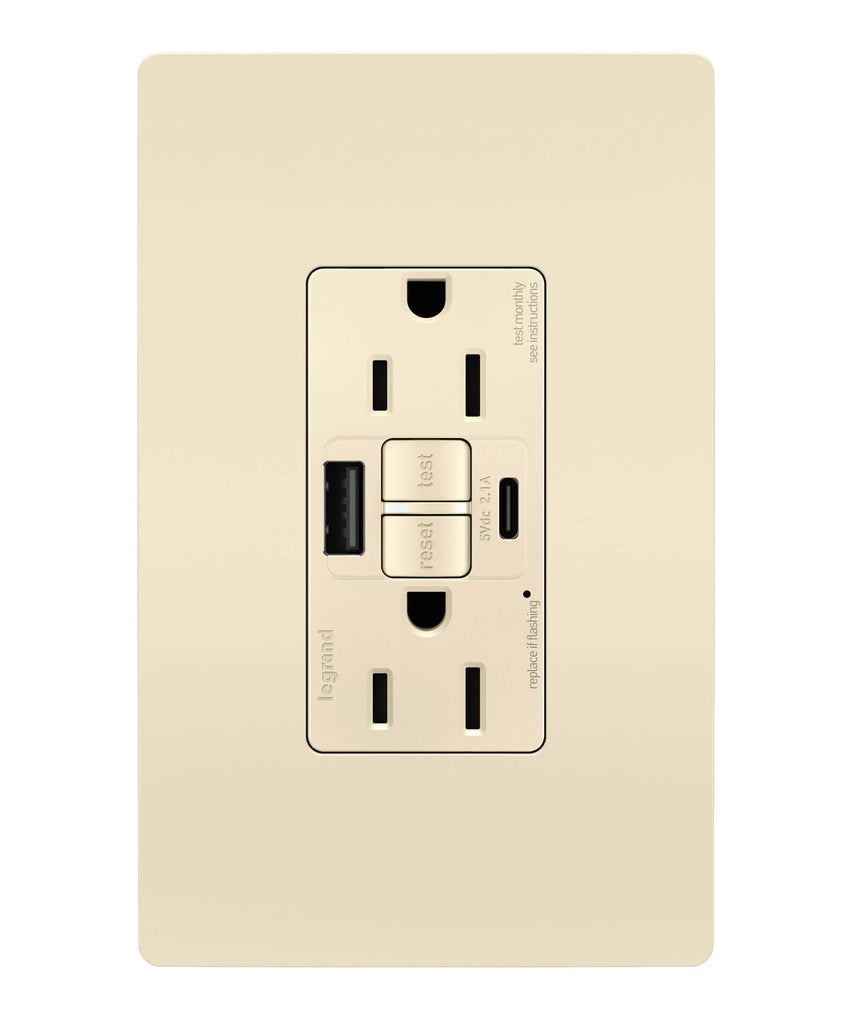 Legrand Canada - Tamper-Resistant 15A Duplex Self-Test GFCI Receptacles with SafeLock Protection, USB Type A/C - Light Almond- Union Lighting Luminaires Decor