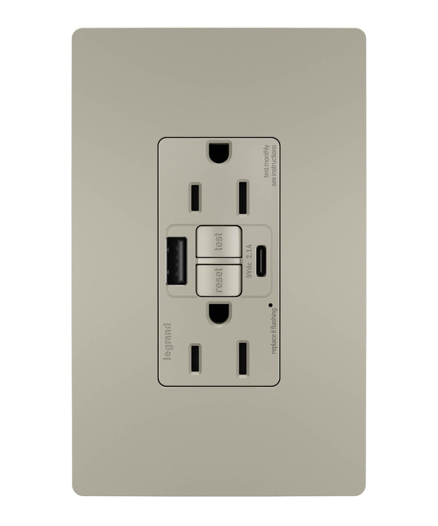Legrand Canada - Tamper-Resistant 15A Duplex Self-Test GFCI Receptacles with SafeLock Protection, USB Type A/C C4 - Nickel- Union Lighting Luminaires Decor