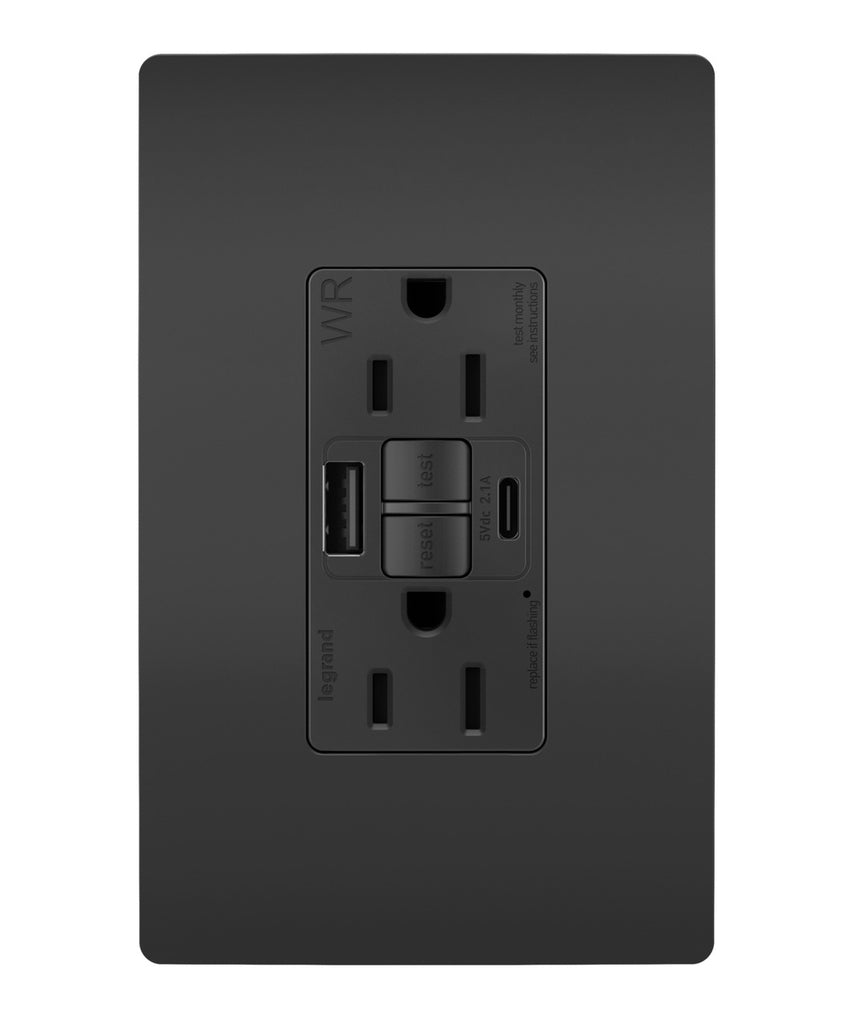 Legrand Canada - Tamper Weather-Resistant 15A Duplex Self-Test GFCI Receptacles w SafeLock, USB Type A/C Outlets - Black- Union Lighting Luminaires Decor