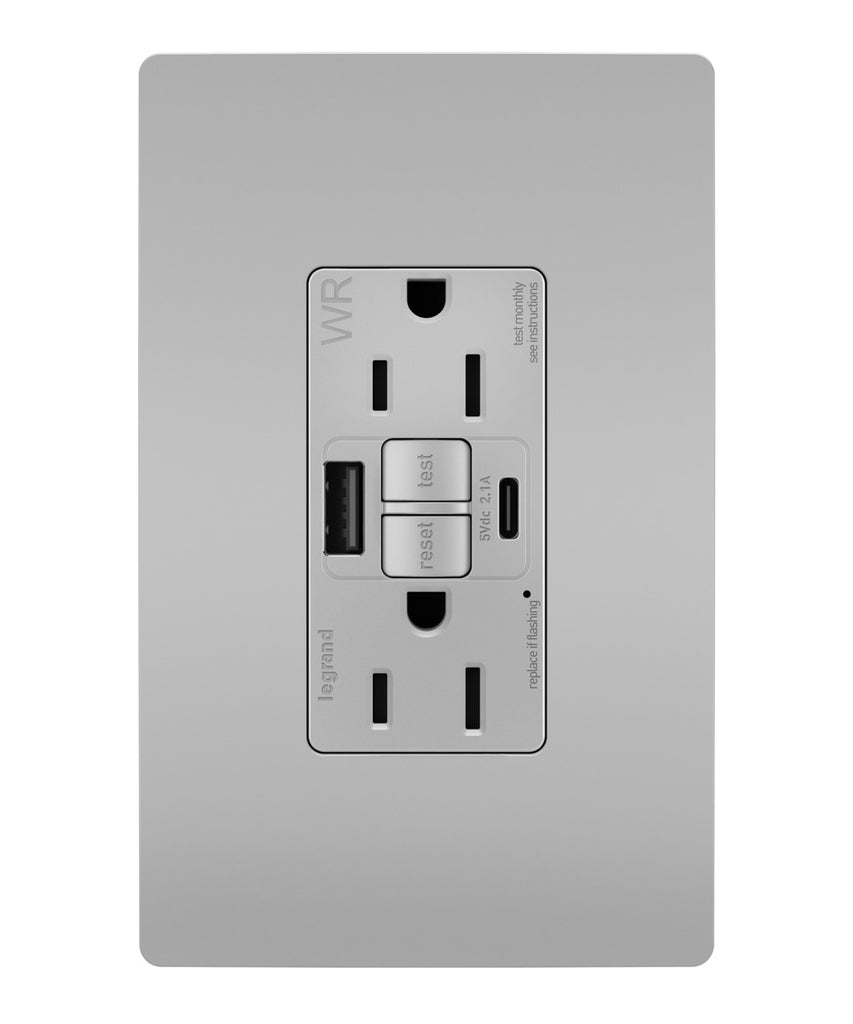 Legrand Canada - Tamper Weather-Resistant 15A Duplex Self-Test GFCI Receptacles w SafeLock, USB Type A/C Outlets - Grey- Union Lighting Luminaires Decor