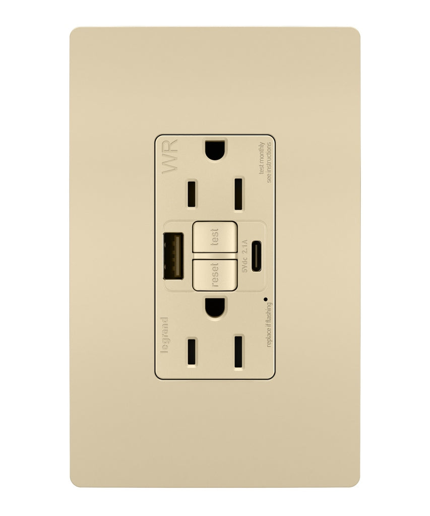 Legrand Canada - Tamper Weather-Resistant 15A Duplex Self-Test GFCI Receptacles w SafeLock, USB Type A/C Outlets - Ivory- Union Lighting Luminaires Decor