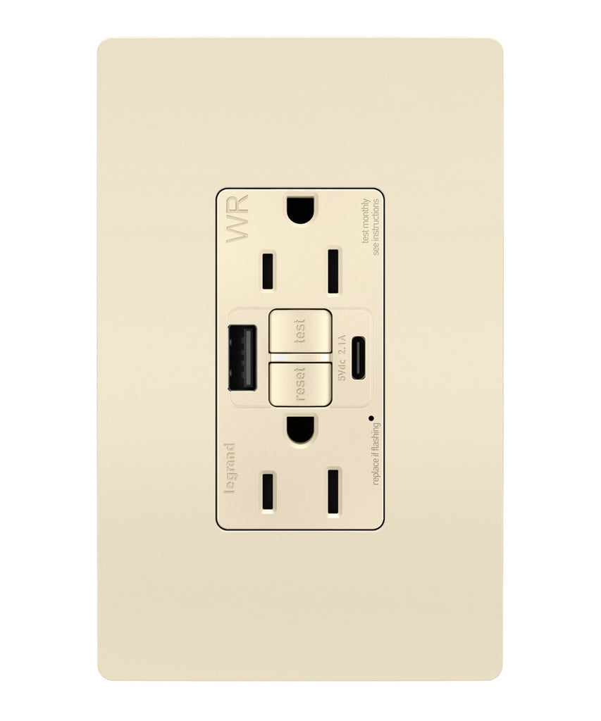 Legrand Canada - Tamper Weather-Resistant 15A Duplex Self-Test GFCI Receptacles w SafeLock, USB Type A/C Outlets - Light Almond- Union Lighting Luminaires Decor