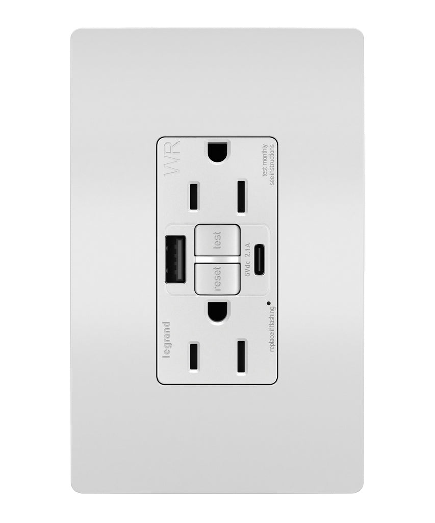 Legrand Canada - Tamper Weather-Resistant 15A Duplex Self-Test GFCI Receptacles w SafeLock, USB Type A/C Outlets - White- Union Lighting Luminaires Decor