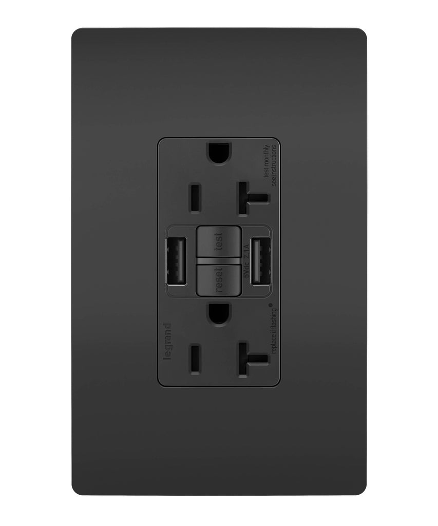 Legrand Canada - Tamper-Resistant 20A Duplex Self-Test GFCI Receptacles with SafeLock Protection, Type A/A Outlet - Black- Union Lighting Luminaires Decor