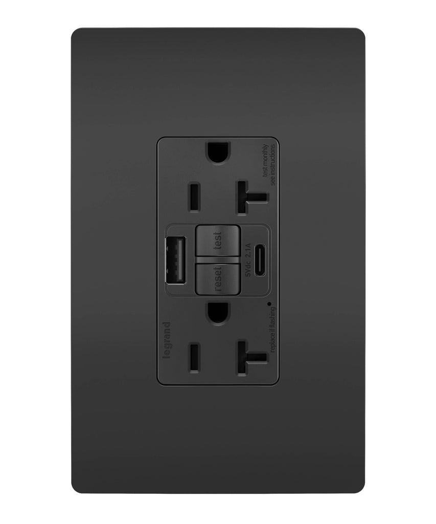 Legrand Canada - Tamper-Resistant 20A Duplex Self-Test GFCI Receptacles with SafeLock Protection, Type A/C Outlet - Black- Union Lighting Luminaires Decor