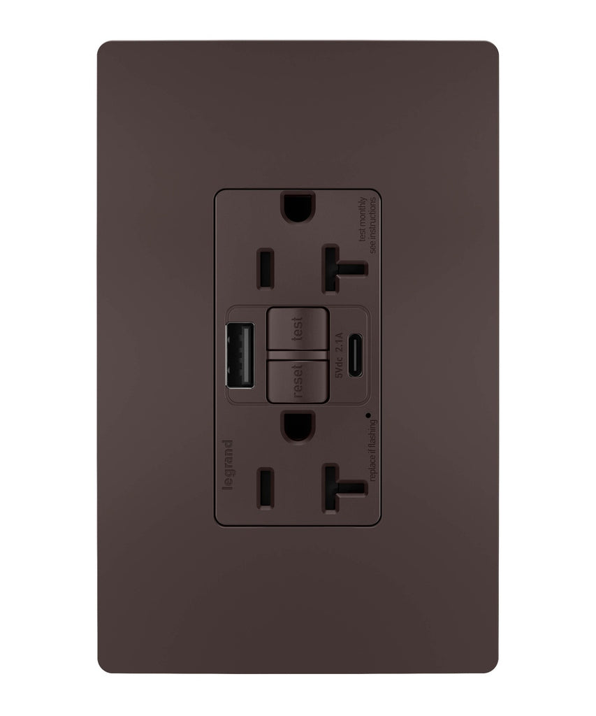 Legrand Canada - Tamper-Resistant 20A Duplex Self-Test GFCI Receptacles with SafeLock Protection, Type A/C Outlet - Dark Bronze- Union Lighting Luminaires Decor