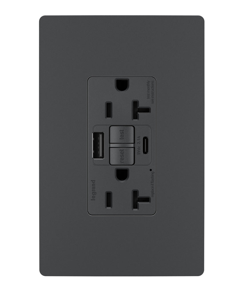 Legrand Canada - Tamper-Resistant 20A Duplex Self-Test GFCI Receptacles with SafeLock Protection, Type A/C Outlet - Graphite- Union Lighting Luminaires Decor