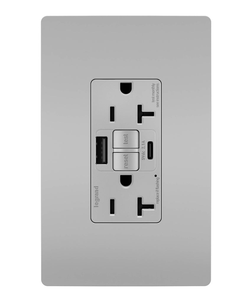 Legrand Canada - Tamper-Resistant 20A Duplex Self-Test GFCI Receptacles with SafeLock Protection, Type A/C Outlet - Grey- Union Lighting Luminaires Decor