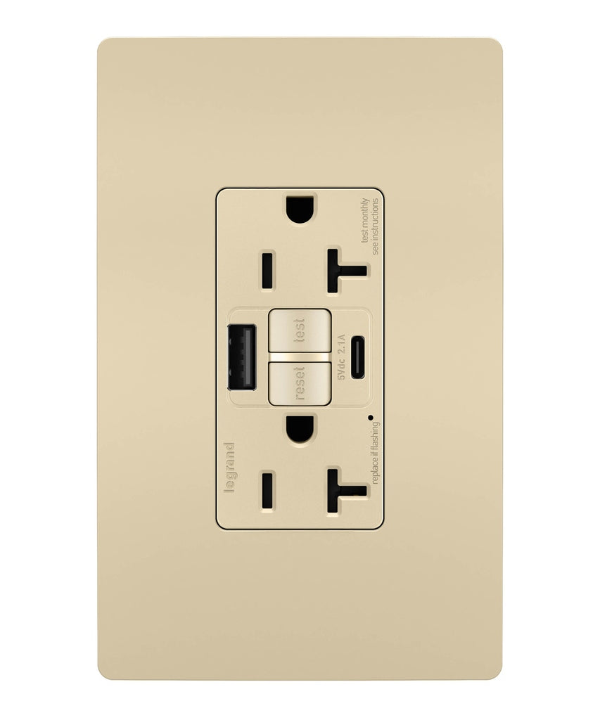 Legrand Canada - Tamper-Resistant 20A Duplex Self-Test GFCI Receptacles with SafeLock Protection, Type A/C Outlet - Ivory- Union Lighting Luminaires Decor