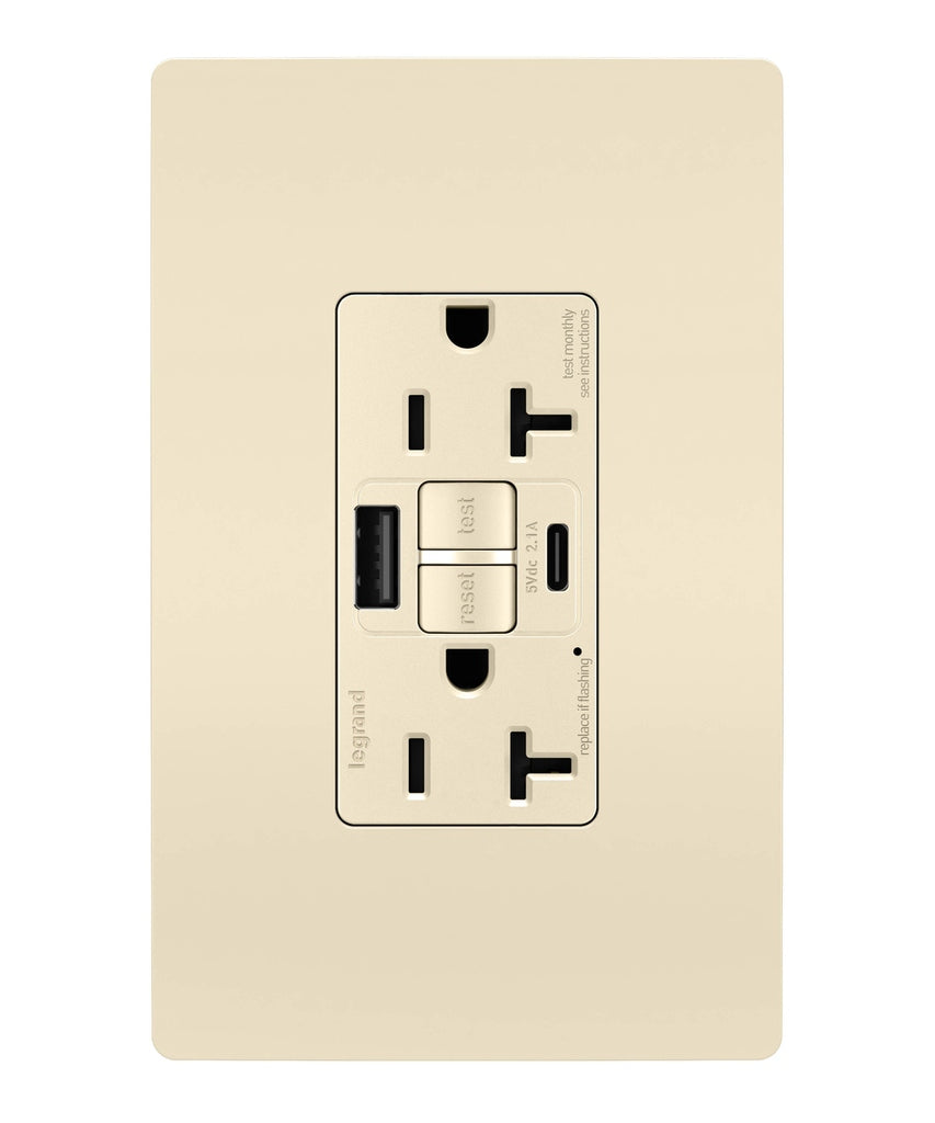 Legrand Canada - Tamper-Resistant 20A Duplex Self-Test GFCI Receptacles with SafeLock Protection, Type A/C Outlet - Light Almond- Union Lighting Luminaires Decor