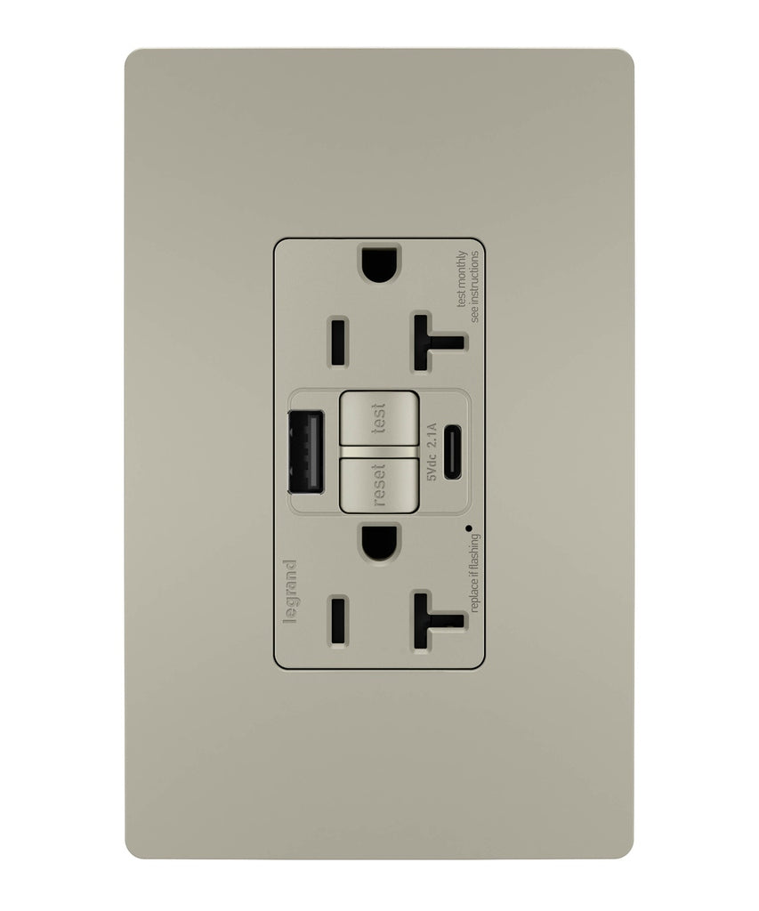 Legrand Canada - Tamper-Resistant 20A Duplex Self-Test GFCI Receptacles with SafeLock Protection, Type A/C Outlet - Nickel- Union Lighting Luminaires Decor