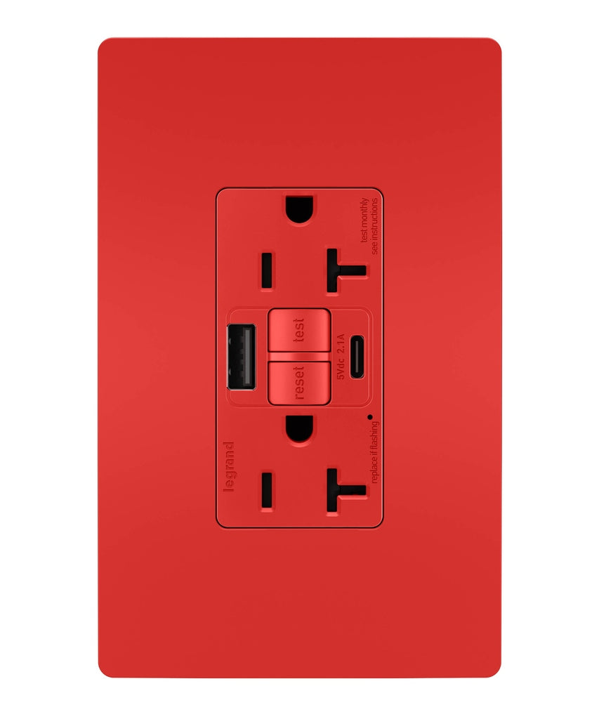 Legrand Canada - Tamper-Resistant 20A Duplex Self-Test GFCI Receptacles with SafeLock Protection, Type A/C Outlet - Red- Union Lighting Luminaires Decor