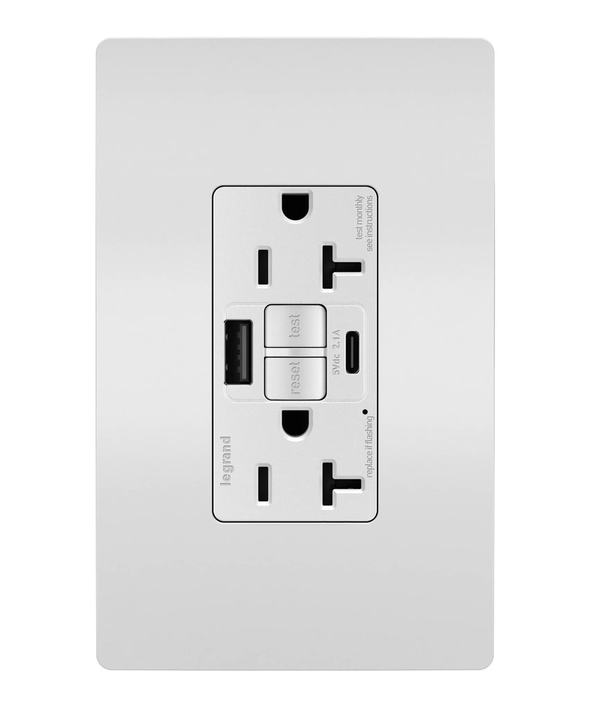 Legrand Canada - Tamper-Resistant 20A Duplex Self-Test GFCI Receptacles with SafeLock Protection, Type A/C Outlet - White- Union Lighting Luminaires Decor