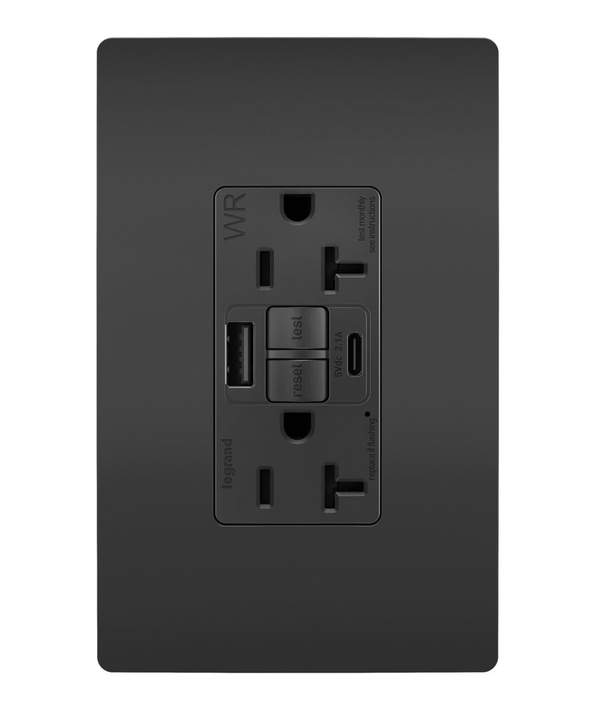 Legrand Canada - Tamper Weather-Resistant 20A Duplex Self-Test GFCI Receptacles w SafeLock, Type A/C Outlet - Black- Union Lighting Luminaires Decor