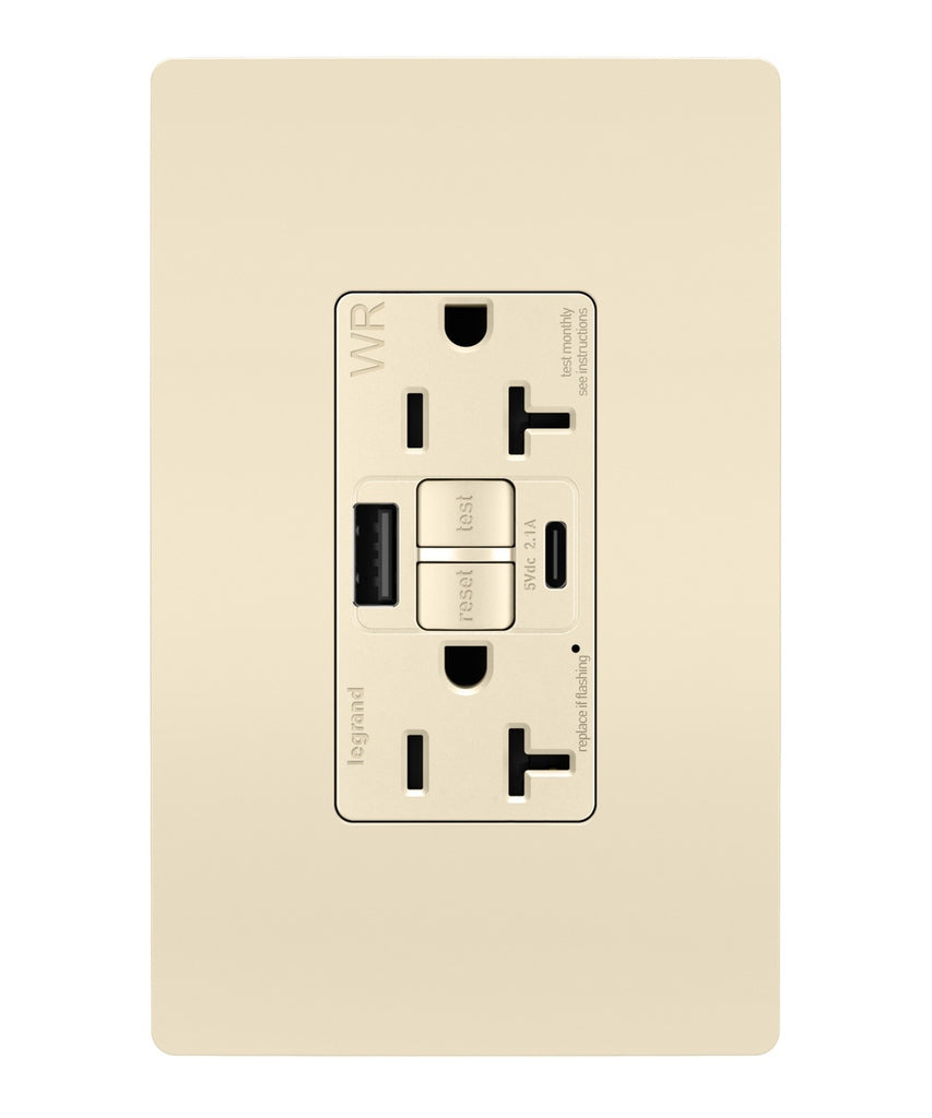 Legrand Canada - Tamper-Resistant Weather-Resistant Duplex Self-Test GFCI with USB Type A/C Outlet - Light Almond- Union Lighting Luminaires Decor