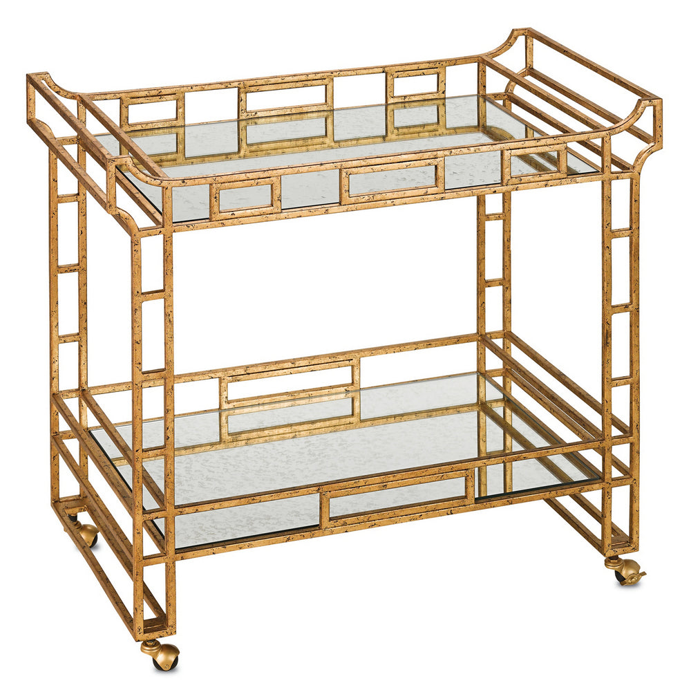 Currey and Company - Bar Cart - Odeon Gold Bar Cart - Seneca Gold Leaf/Light Roche Antique Mirror- Union Lighting Luminaires Decor