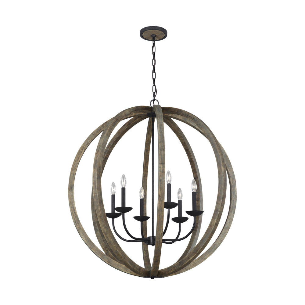 Visual Comfort Studio Canada - Six Light Pendant - Allier - Weathered Oak Wood / Antique Forged Iron- Union Lighting Luminaires Decor