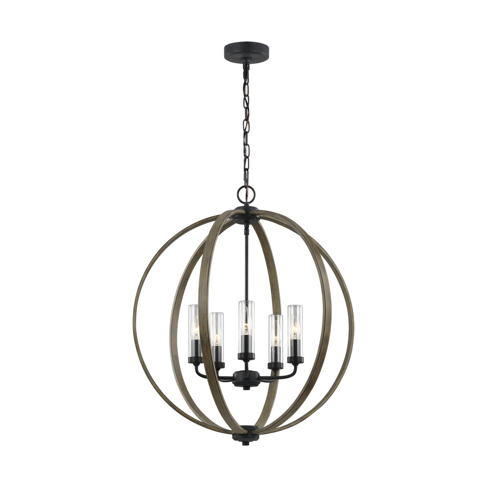 Visual Comfort Studio Canada - Five Light Outdoor Chandelier - Allier - Weathered Oak Wood / Antique Forged Iron- Union Lighting Luminaires Decor