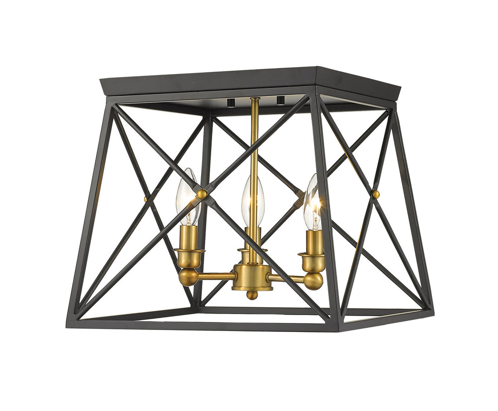 Z-Lite Canada - Three Light Flush Mount - Trestle - Matte Black + Olde Brass- Union Lighting Luminaires Decor