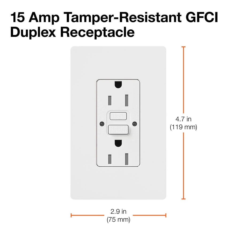 Lutron Claro Tamper-Resistant GFCI Duplex Receptacle, 15-Amp, Self-Testing, CAR-15-GFST-WH, Gloss White, Dimensions with Wall Plate - Union Lighting and Décor