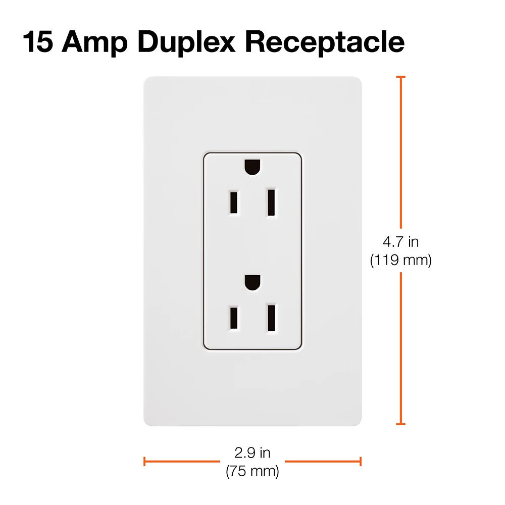 Lutron Claro Tamper-Resistant Duplex Receptacle, Decorator-Style Outlet, 15 Amp, Includes Shutter Mechanism, CARS-15-TR-WH, Gloss White, Dimensions with Wall Plate - Union Lighting and Décor