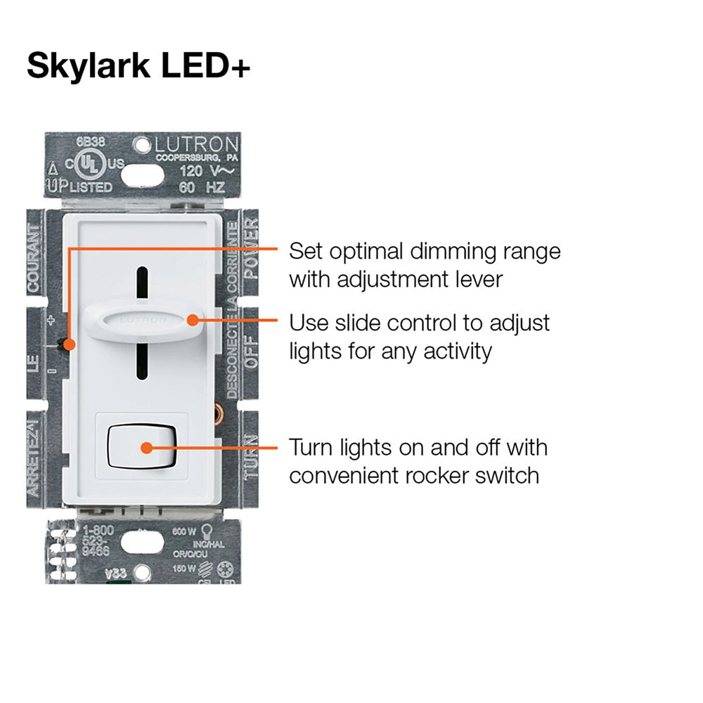 Lutron Skylark LED+ Dimmer Switch, No Neutral Required, 150W LED or 600W Inc/Hal, 120V, Single Pole/3-Way; With Clamshell Packaging, SCL-153PH-WH-C, Gloss White, Features - Union Lighting and Décor