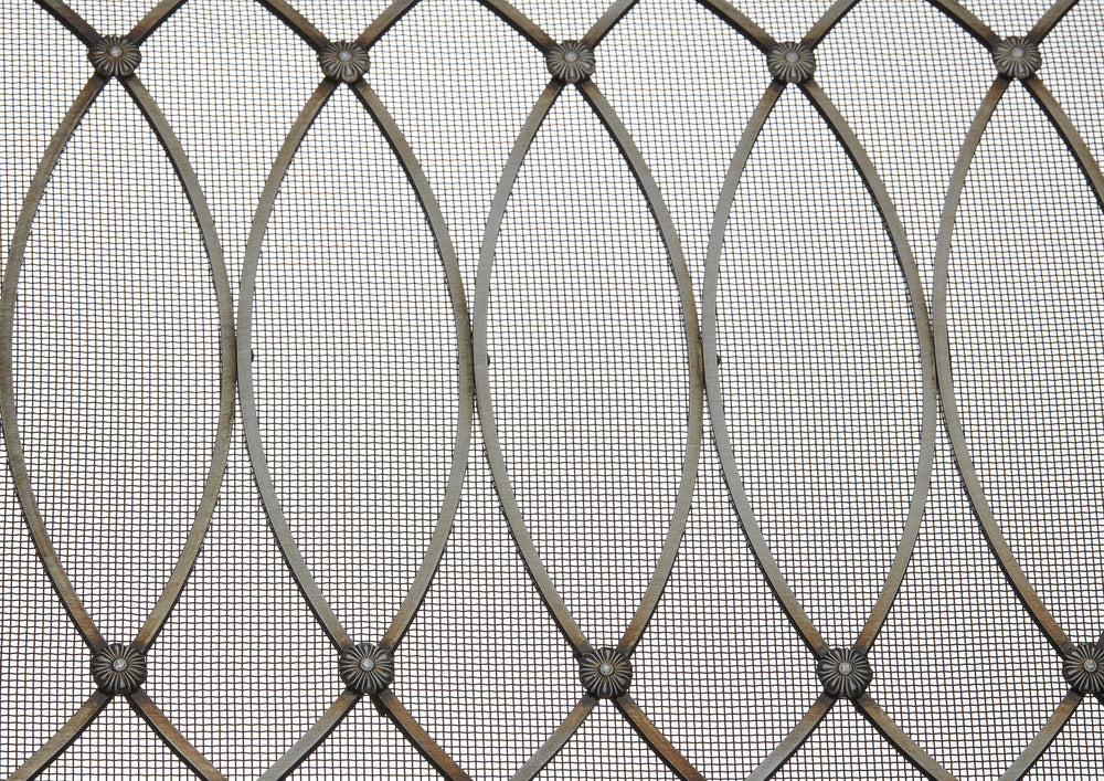  Vertical Elliptical Grille In Satin Chrome Plate with Floral Rosettes on Coarse Mesh