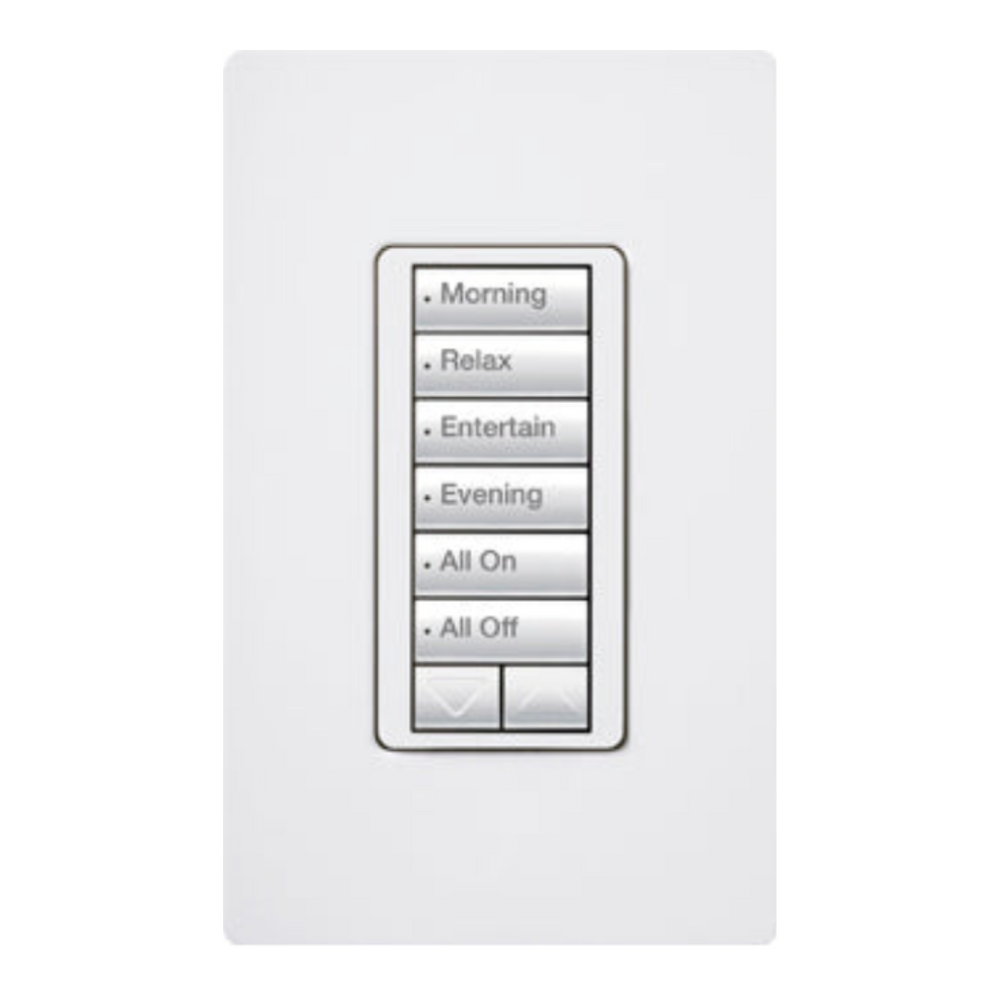 Lutron RadioRA 2 seeTouch LED+ Hybrid Keypad, 6-button layout with Raise/Lower functionality, , Neutral Required, Multi-location/single-pole, 100W LED, 450W Incandescent/Halogen, 450VA MLV, RRD-HN6BRL-WH, Gloss White, Engraved - Union Lighting and Décor