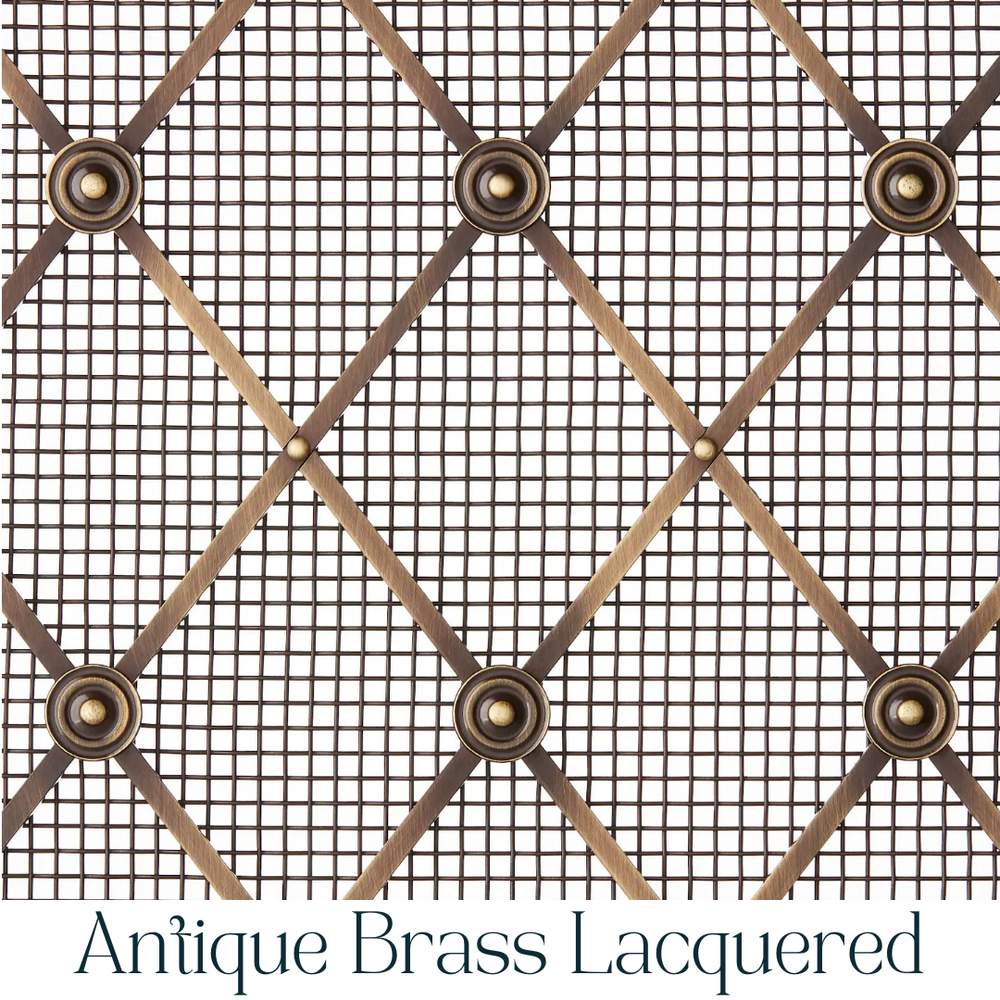 10mm Square Interwoven Grille In Antique Brass Lacquered with Floral Rosettes on Fine Mesh