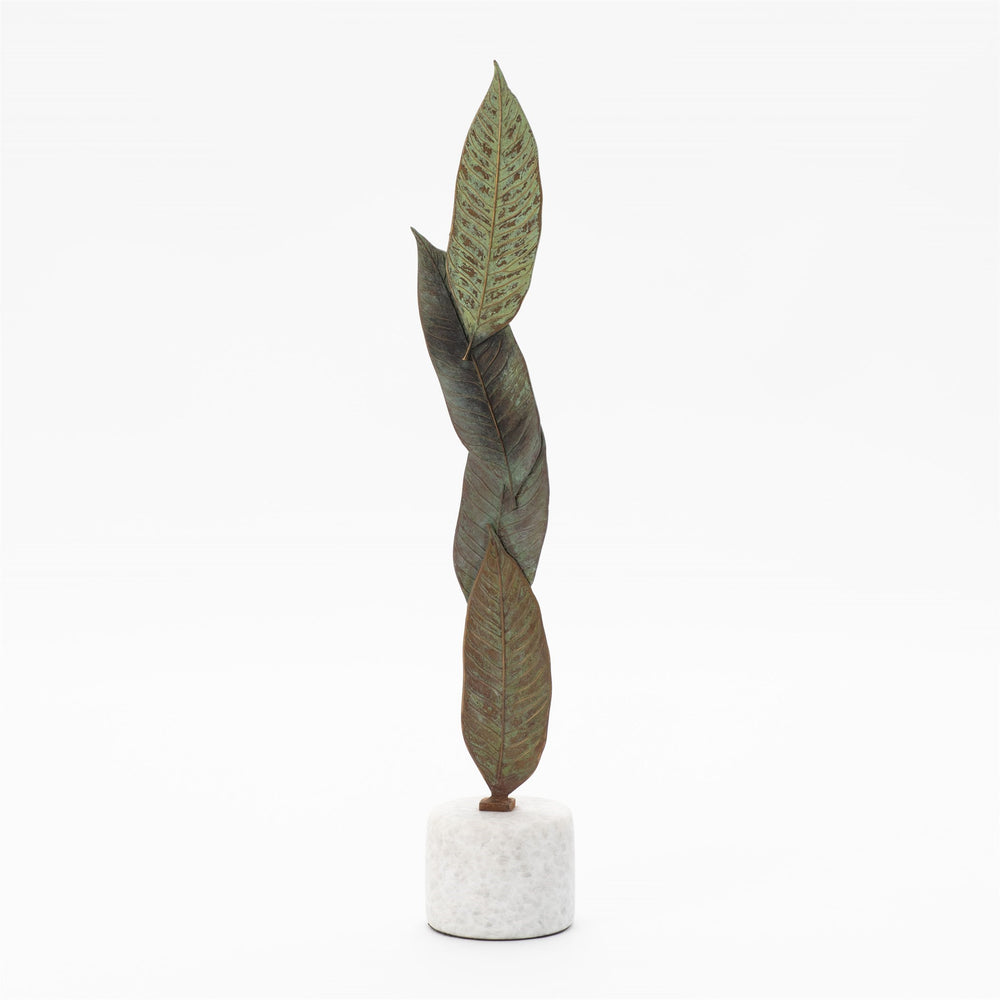 Falling Leaves Sculpture Antique Brass Finish on White Marble