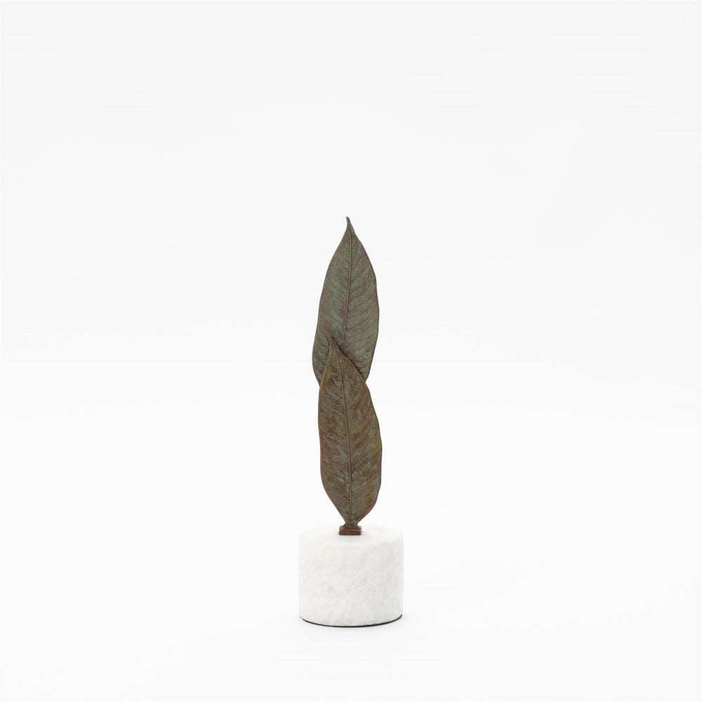 Falling Leaves Sculpture Antique Brass Finish on White Marble